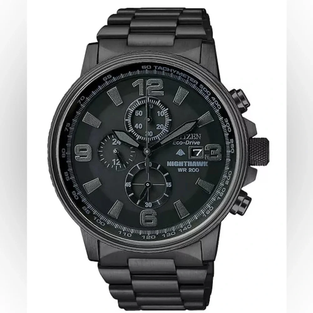 Citizen Eco Drive Nighthawk Chrono CA0295-58E All Black Mens Watch EUC